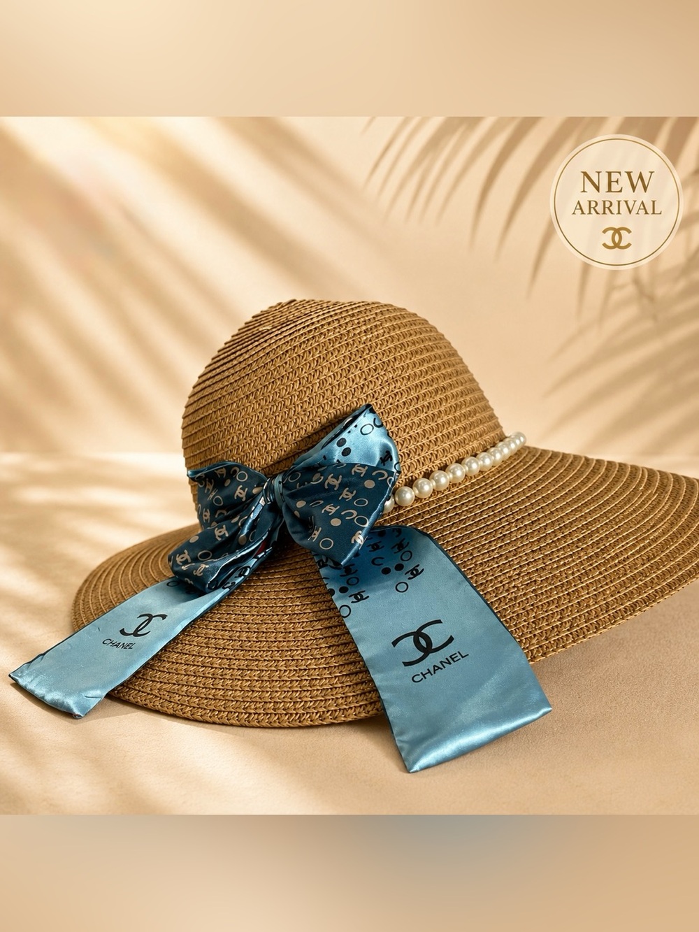 🌸 Women’s Inspired Wide Brim Straw Sun Hat with Satin Bow & Pearl Accent 🌸